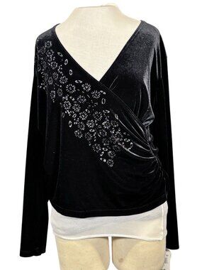 Notations Womens Black Velvet Long Sleeve Wrap Top With Floral Print Size Large